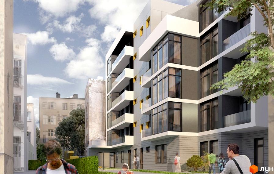 Зображення фасаду будинку на вулиці Єфремова, 26. Багатоповерхова будівля з великими вікнами та балконами, перед будинком зелена зона з пішохідною доріжкою.