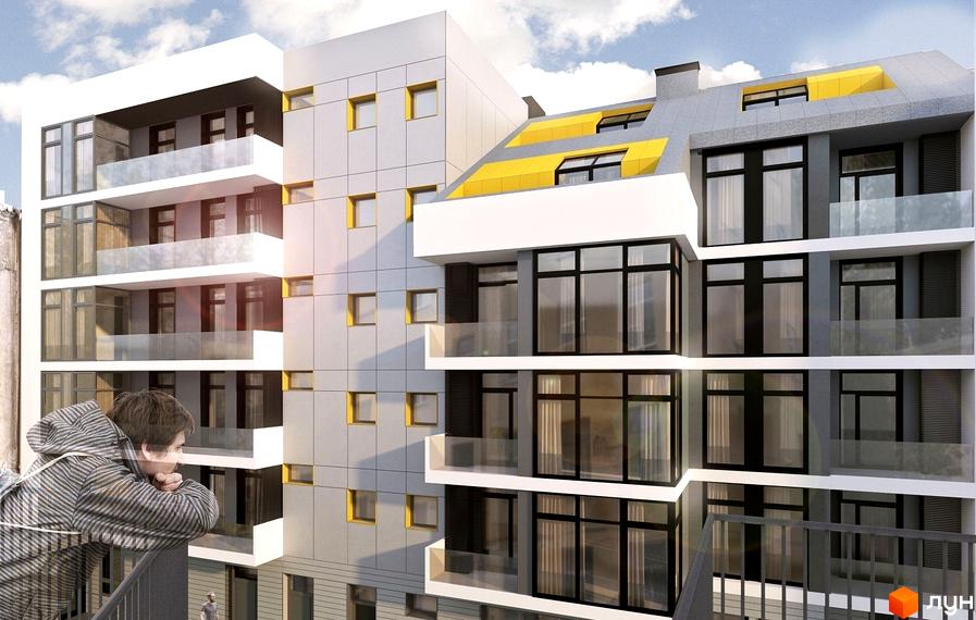 Зображення будинку на вулиці Єфремова, 26. Житловий комплекс з балконами та великими вікнами, фасад сірого та білого кольорів.