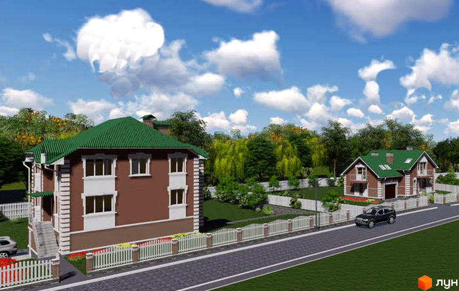 Котеджне містечко Алмазний: двоповерхові будинки з зеленими дахами, білими вікнами та коричневими стінами. Прибудинкова територія з парканом, дорогою та деревами.