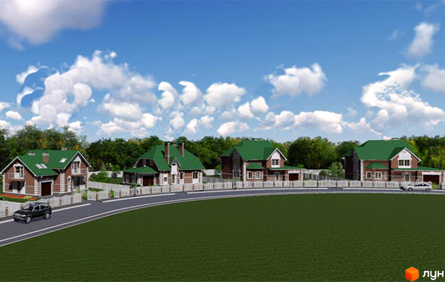 Котеджне містечко Алмазний: цегляні будинки з зеленими дахами та доглянутою прибудинковою територією. На зображенні видно кілька будинків, дорогу та зелений газон.