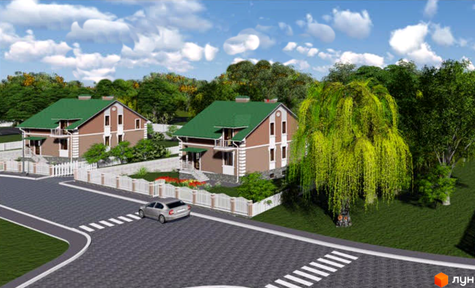 Котеджне містечко Алмазний: двоповерхові будинки з зеленими дахами та білими парканами. Навколо будинків доглянутий газон та дерева, вулиця з пішохідним переходом.