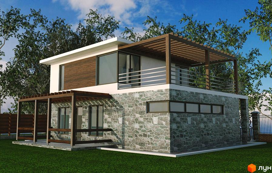 Зображення будинку в Котеджному містечку Sosnova Eco Club. Двоповерховий будинок з терасою та кам'яним оздобленням, зелений газон.