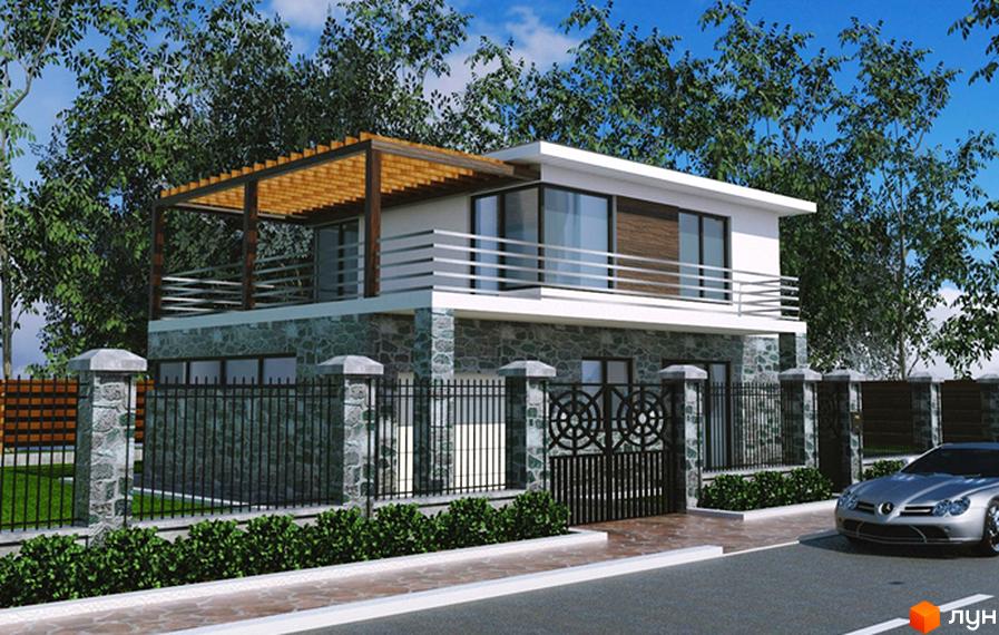 Зображення двоповерхового будинку в Котеджному містечку Sosnova Eco Club. Вигляд фасаду з балконом та терасою, огородженого парканом.