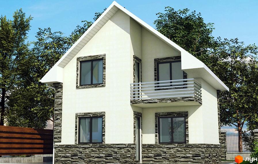 Котеджне містечко КМ Sosnova Eco Club. Фасад будинку оздоблений білою штукатуркою та сірим каменем, з великими вікнами та балконом. Навколо будинку зелені дерева та паркан.