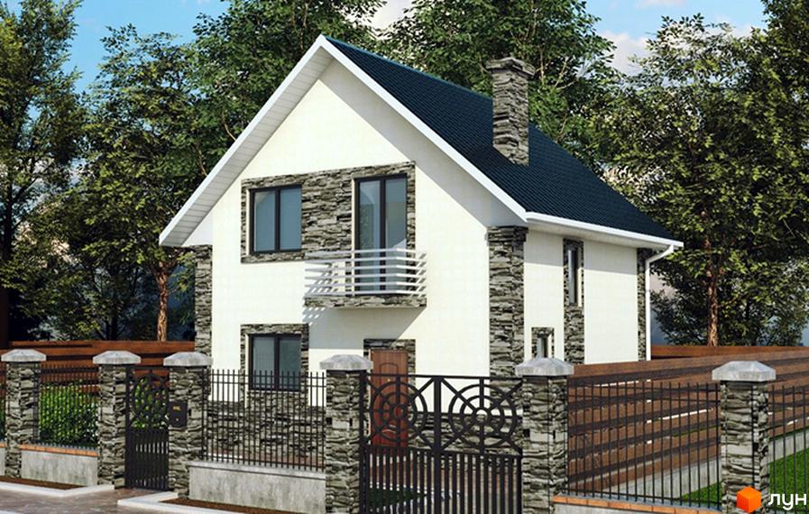 Зображення двоповерхового будинку з балконом в Котеджному містечку Sosnova Eco Club. Навколо будинку дерева та огорожа.