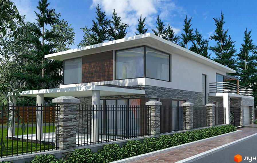 Зображення будинку в Котеджному містечку Sosnova Eco Club. Двоповерховий будинок з великими вікнами та кам'яною обробкою, оточений деревами та огорожею.