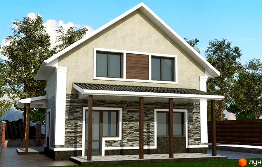 Зображення будинку в Котеджному містечку Sosnova Eco Club. Двоповерховий будинок з оздобленням фасаду каменем та деревом, зелена прибудинкова територія.