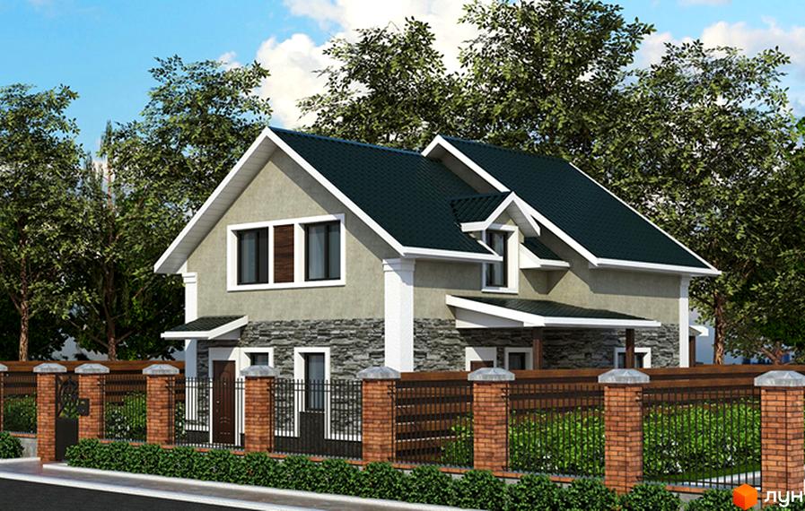 Зображення будинку в Котеджному містечку Sosnova Eco Club. Двоповерховий будинок з темним дахом та сірими стінами, кам'яний цоколь, зелений газон та огорожа.