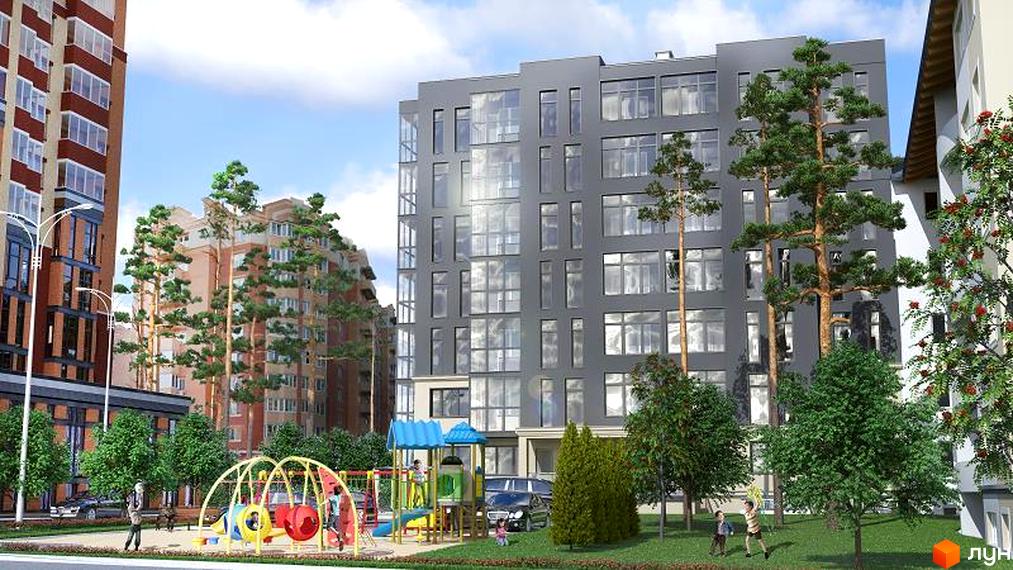 Сучасний житловий комплекс на вулиці Лісова, 40, з сірою фасадною будівлею та дитячим майданчиком на прибудинковій території. Поруч розташовані цегляні будинки та зелені насадження.