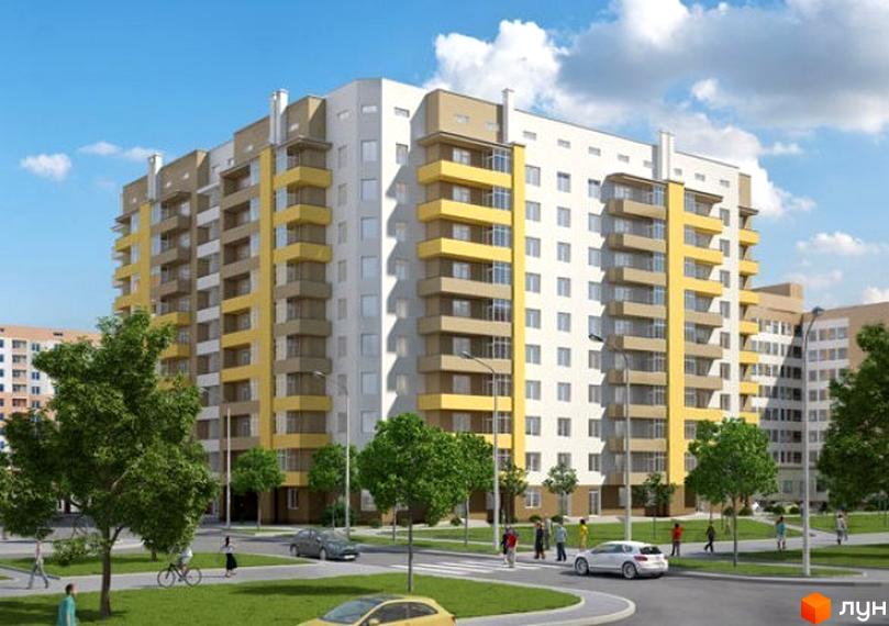 Багатоповерховий житловий будинок біло-жовто-коричневих кольорів з балконами на вул. Михайла Гориня (Скрипника), 2. Прибудинкова територія з деревами, дорогою та пішоходами.