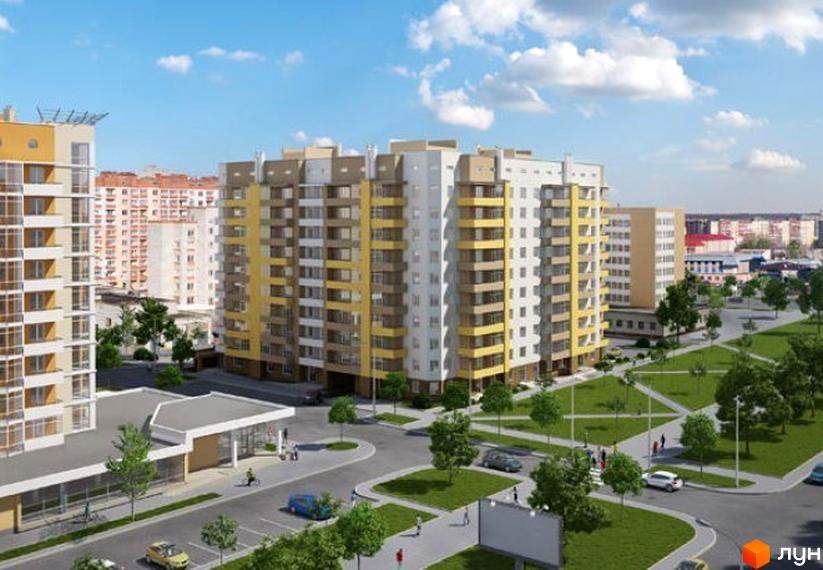 Житловий комплекс на вул. Михайла Гориня, 2, з багатоповерховими будинками жовтого, коричневого та білого кольорів. Територія має зелені зони та дороги.
