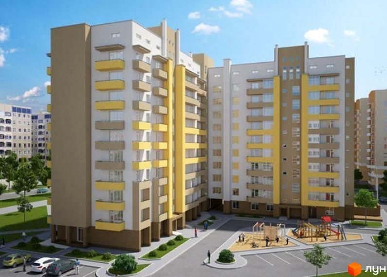 Новобудова на вул. Михайла Гориня, 2: багатоповерхові будинки світлих та жовтих відтінків. На території є дитячий майданчик та парковка.