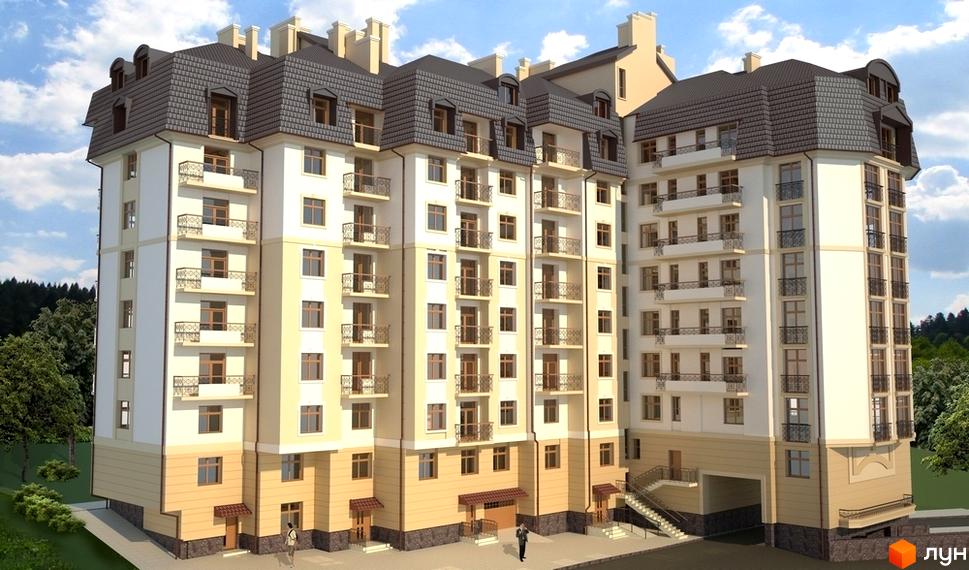 Житловий комплекс Личаківська перлина: багатоповерховий будинок світлих відтінків з темно-сірим дахом та балконами. Навколо зелені насадження та вимощена територія.