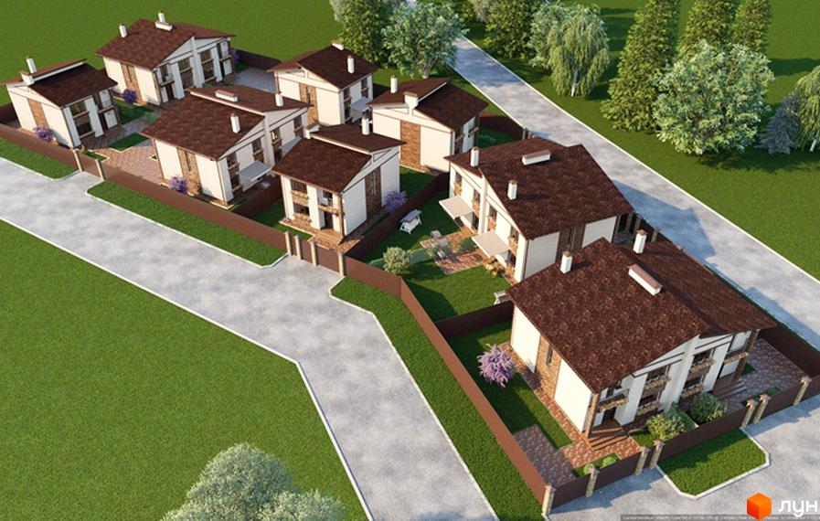 Котеджне містечко Злагода: двоповерхові будинки з коричневими дахами та світлими фасадами, огороджені ділянки з зеленими газонами та доріжками.