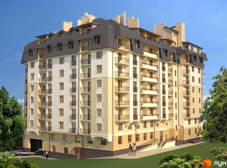 Житловий комплекс Личаківська перлина з бежевим фасадом та темно-сірим дахом. Навколо будинку зелені дерева та доріжки.