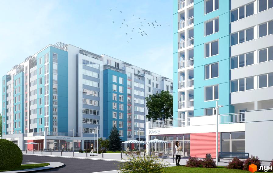 Житловий комплекс Перлина Дніпра з фасадами блакитного та сірого кольору. Навколо облаштована територія з кафе та зеленими зонами.