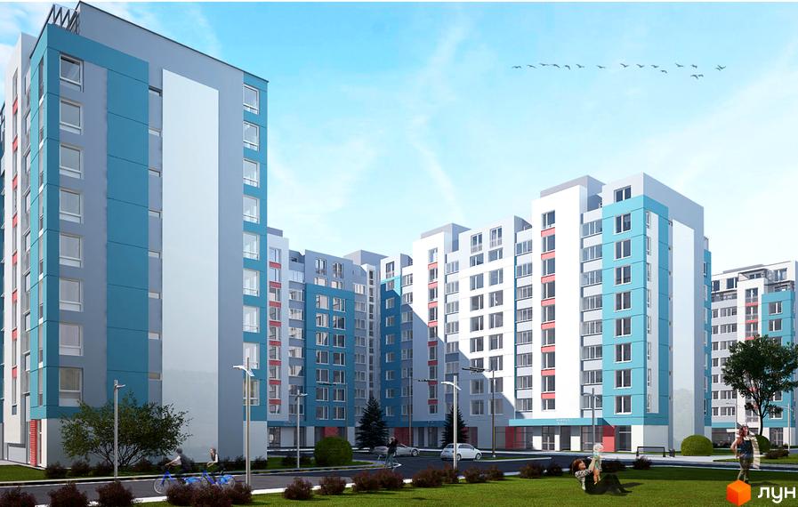 Житловий комплекс Перлина Дніпра - це сучасна новобудова з фасадами блакитного та сірого кольорів. На прибудинковій території розташований зелений газон, дерева та місця для відпочинку.