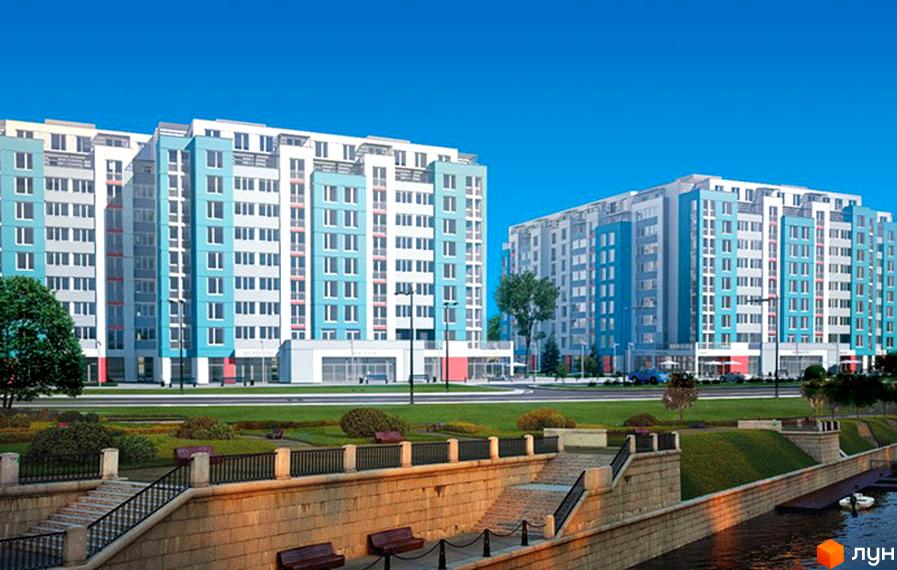 Житловий комплекс Перлина Дніпра. Сучасні багатоповерхові будинки бірюзового та білого кольорів з великою кількістю вікон. Набережна з лавками та сходами до води.