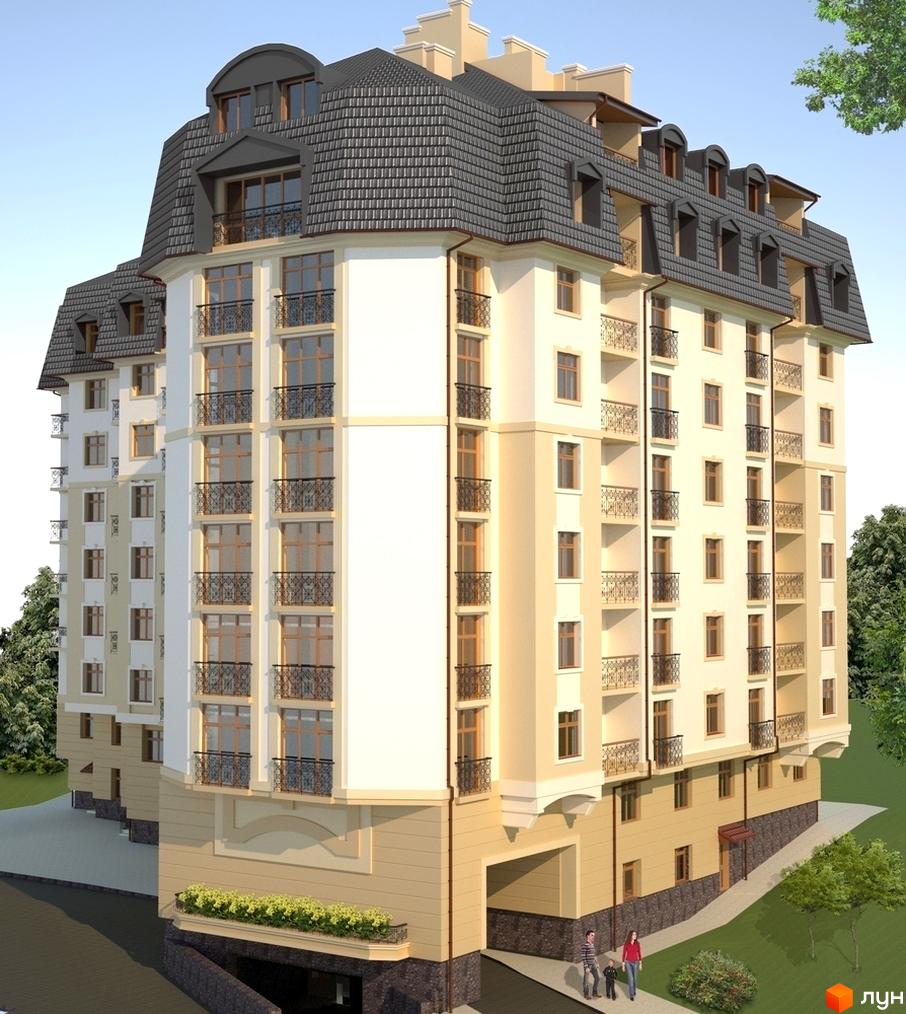 Житловий комплекс Личаківська перлина: багатоповерховий будинок зі світлим фасадом, темним мансардним дахом та балконами. Навколо зелені дерева та доріжки.