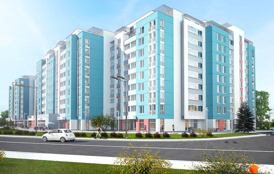 Зовнішній вигляд новобудови ЖК Перлина Дніпра з блакитними та білими фасадами. На прибудинковій території видно дорогу, автомобіль та пішоходів.