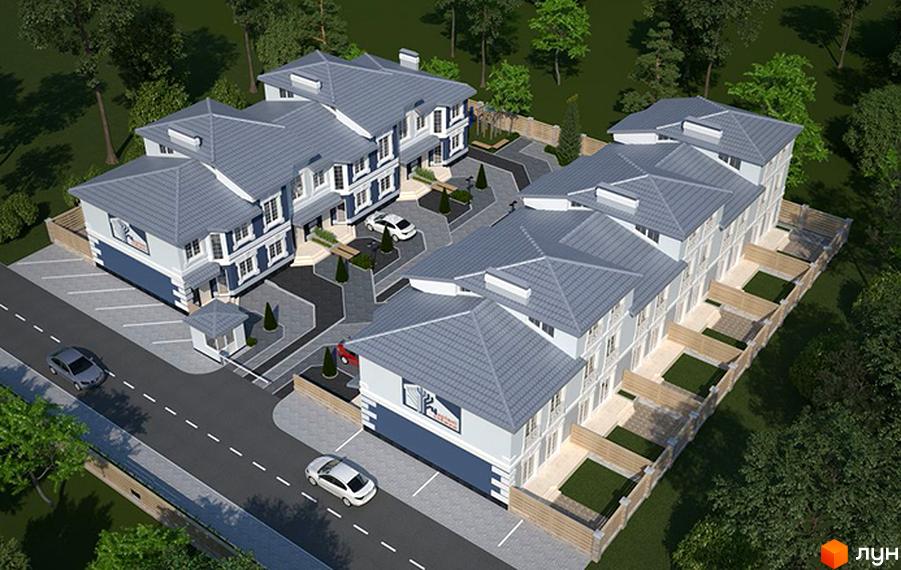 Котеджне містечко Чарівні Стежки: триповерхові будинки з сірими дахами та світлими фасадами, з прибудинковою територією, парковкою та зеленими зонами.