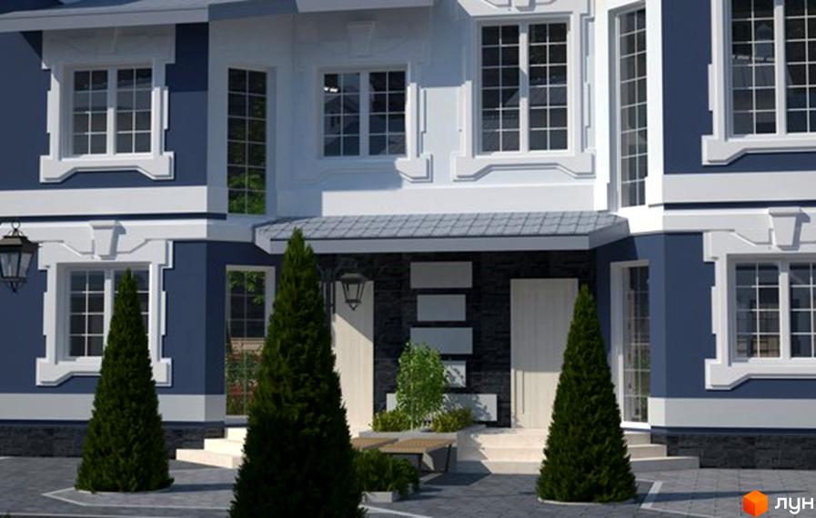 Зовнішній вигляд котеджного містечка Чарівні Стежки: двоповерховий будинок синього кольору з білими елементами та великими вікнами. На прибудинковій території ростуть ялинки та розташовані доріжки.