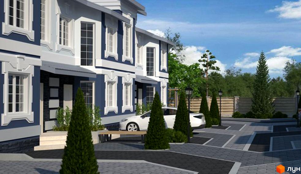 Зовнішній вигляд будинків котеджного містечка КМ Чарівні Стежки з синіми фасадами та білими вікнами. Прибудинкова територія з доглянутими деревами та парковкою.