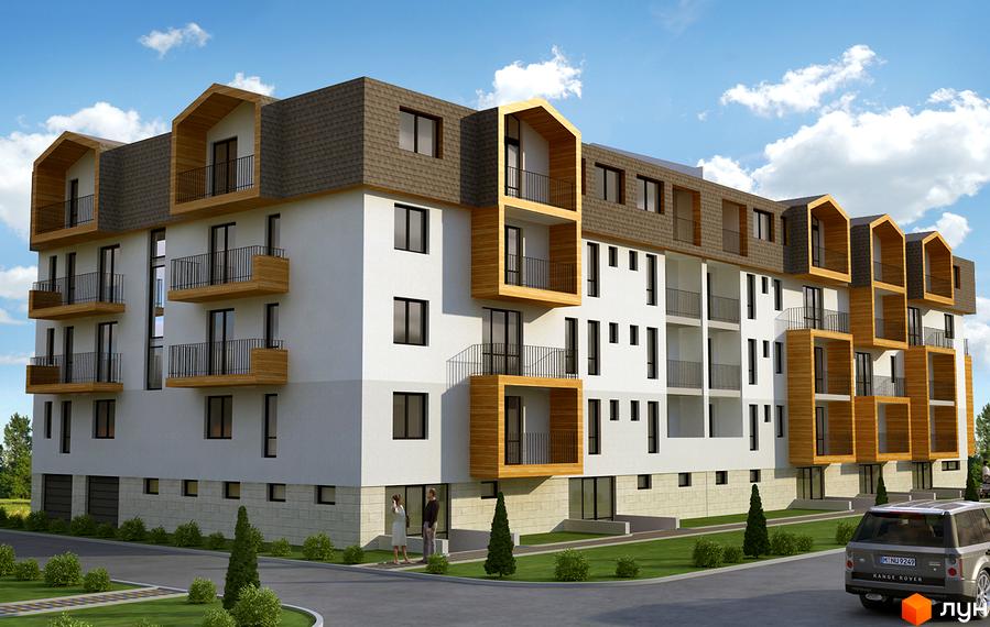 Житловий комплекс Перлина Мостищини. Багатоквартирний будинок з балконами та терасами. На прибудинковій території зелені насадження та парковка.