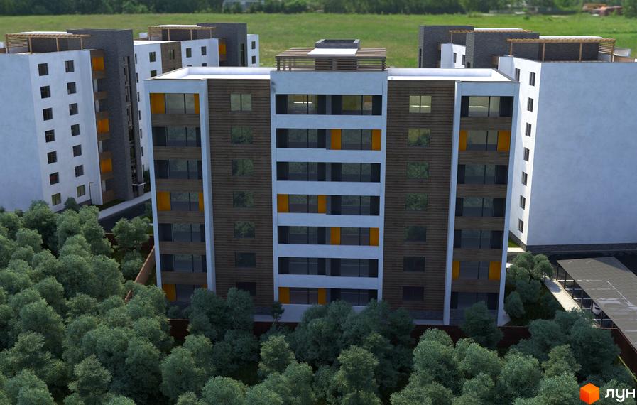 Зовнішній вигляд житлового комплексу Річковий квартал з фасадами з дерева та білої штукатурки. Навколо комплексу розташовані дерева та зелені насадження.