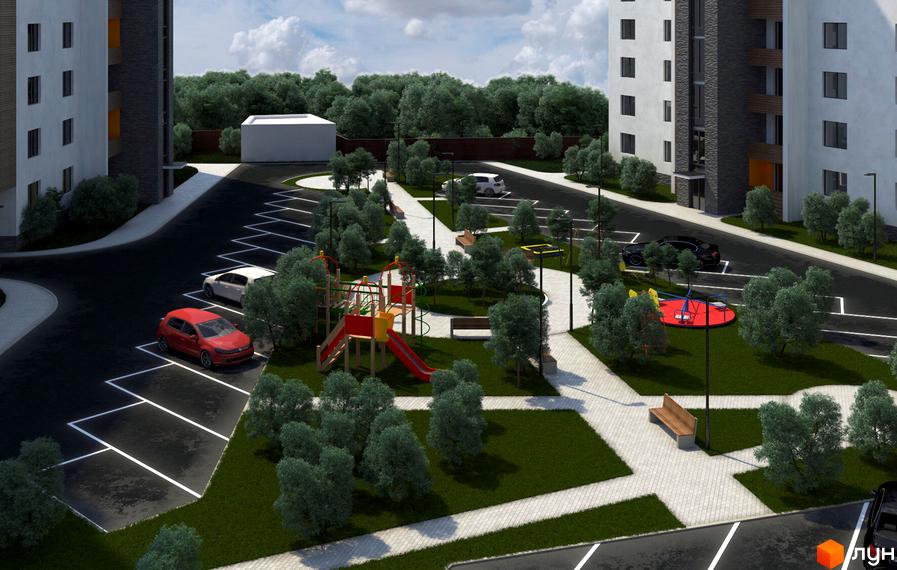 Новобудова ЖК Річковий квартал з дитячим майданчиком та парковкою. Зелена прибудинкова територія з деревами та лавками.