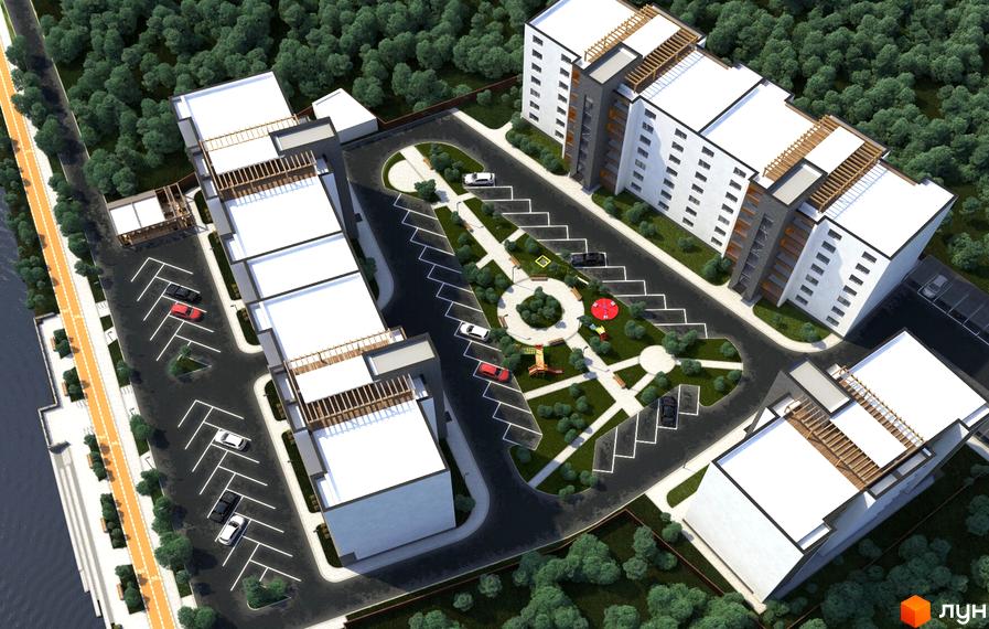 Зовнішній вигляд житлового комплексу Річковий квартал з висоти пташиного польоту. Прибудинкова територія з парковкою, дитячим майданчиком та зеленими зонами.