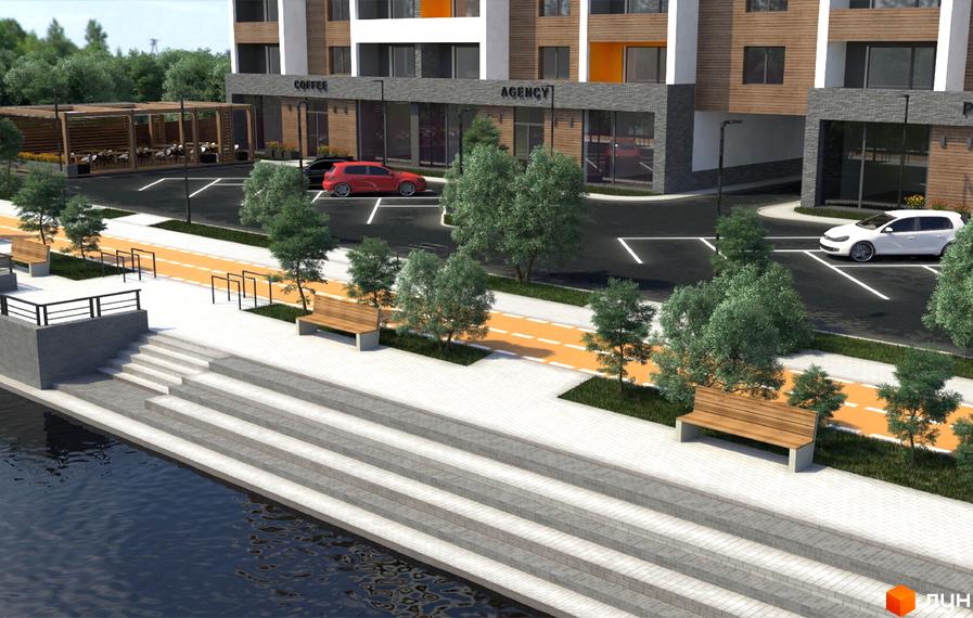 Житловий комплекс Річковий квартал: фасади будівель з комерційними приміщеннями та облаштована набережна з місцями для відпочинку та велодоріжкою.