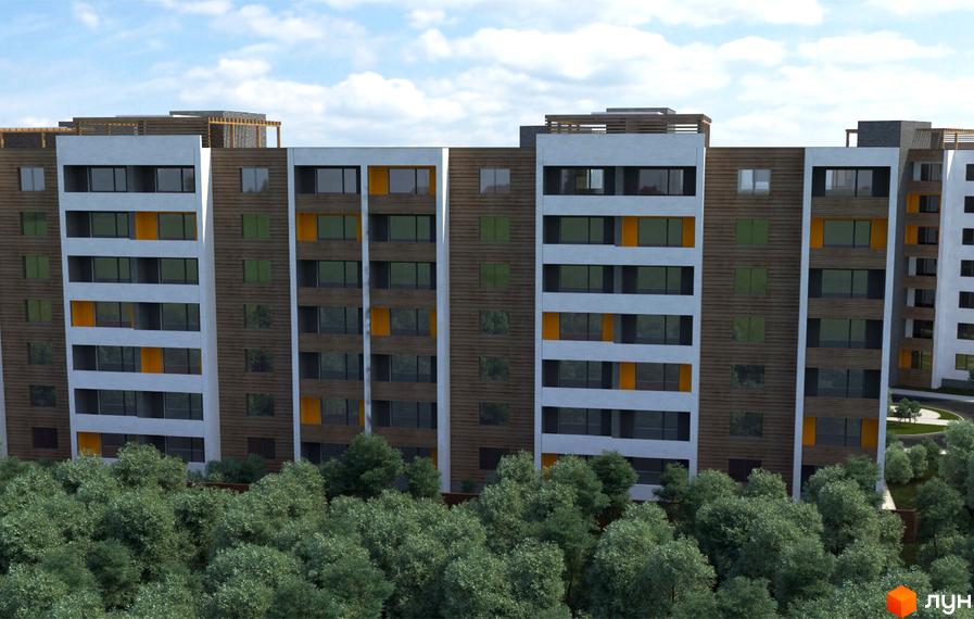 Зовнішній вигляд житлового комплексу Річковий квартал: фасади з дерев'яними та білими панелями, темні вікна, помаранчеві акценти. На передньому плані зелені дерева.