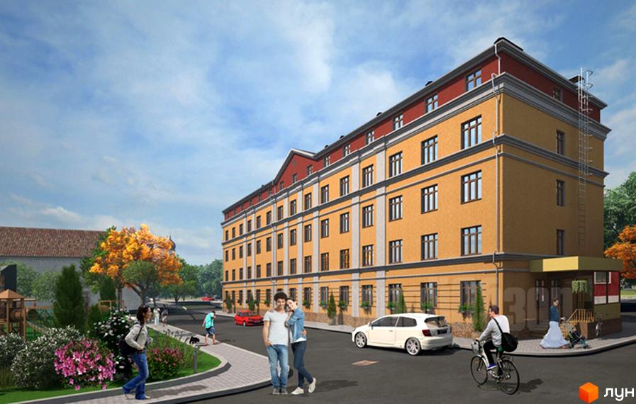 Житловий комплекс Space house з жовтою фасадною частиною та червоним дахом. На прибудинковій території розташовані дерева, кущі та люди.