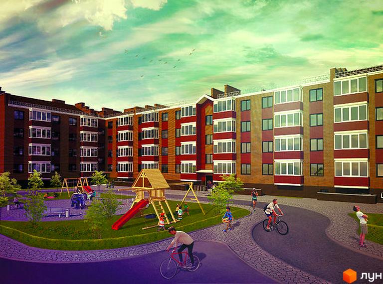 Зовнішній вигляд Житлового комплексу Прованс: цегляні фасади та облаштована прибудинкова територія з дитячим майданчиком.