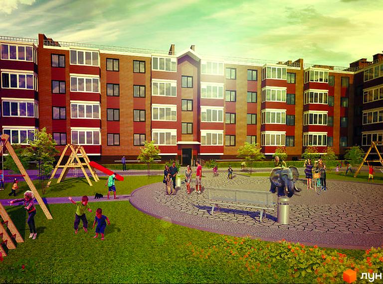 Житловий комплекс Прованс: багатоповерхові будинки з червоної та бежевої цегли, дитячий майданчик з гойдалками та гіркою, зона відпочинку з лавками та скульптурою слона.