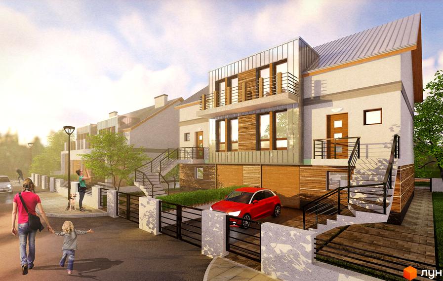 Зовнішній вигляд будинків комплексу КМ Semillon з сучасними фасадами та прибудинковою територією з зеленими насадженнями та доріжками. Фото новобудови.