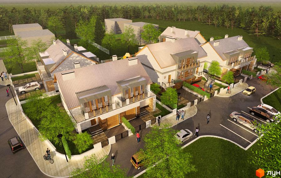 Котеджне містечко Семільйон: фасади будинків з гаражами та балконами, прибудинкова територія з парковкою та зеленими насадженнями.