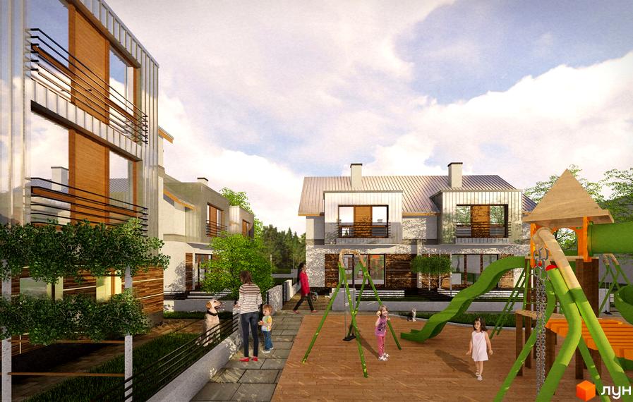 Котеджне містечко КМ Семільйон: будинок з дерев'яними та металевими елементами фасаду, дитячий майданчик з гірками та гойдалками.