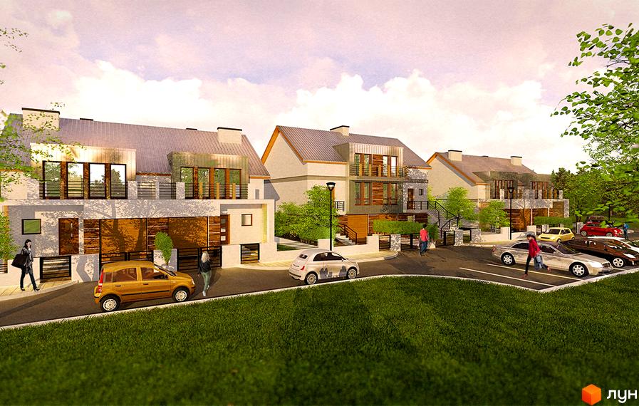 Котеджне містечко КМ Семільйон: фасади будинків з великими вікнами та балконами, паркінг з автомобілями та зелена галявина.