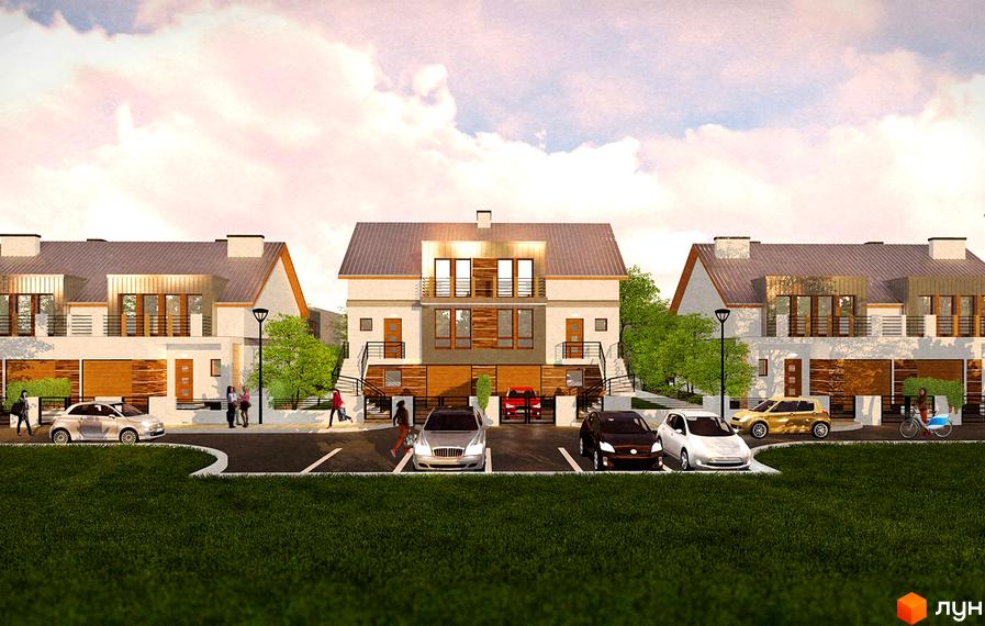 Котеджне містечко КМ Семільйон: фасади будинків з дерев'яними елементами, балконами та гаражами. Прибудинкова територія з доглянутим газоном та автомобілями.