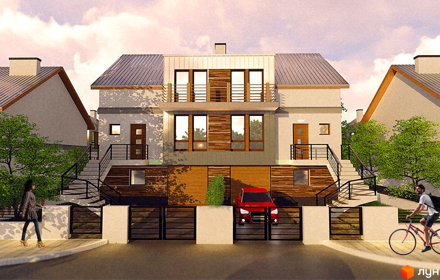 Зовнішній вигляд будинку КМ Семільйон з сучасними фасадами та прибудинковою територією з деревами та доріжками. Фото новобудови.