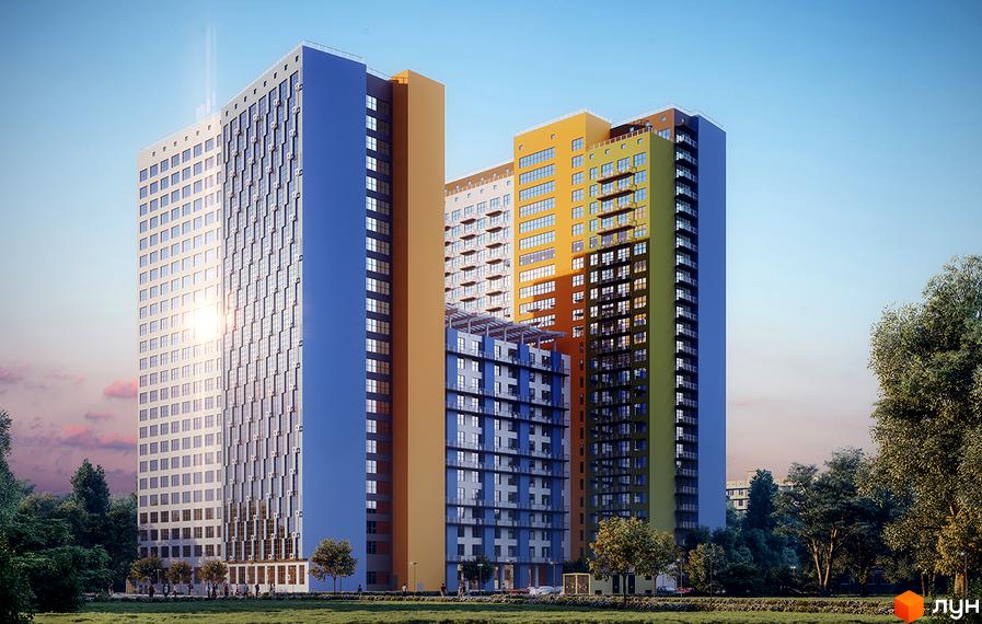 Житловий комплекс Twin House - це сучасна новобудова з яскравими фасадами та великою кількістю вікон. Навколо комплексу розташований зелений парк з доглянутими газонами та деревами.