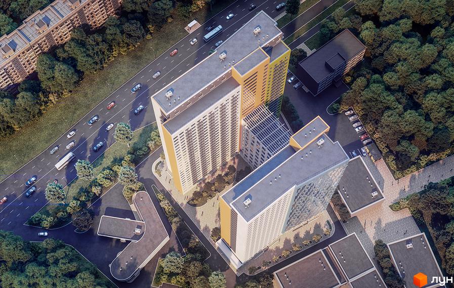 Зовнішній вигляд житлового комплексу Twin House: багатоповерхові будинки з численними балконами, зелена зона з деревами та доріжками.