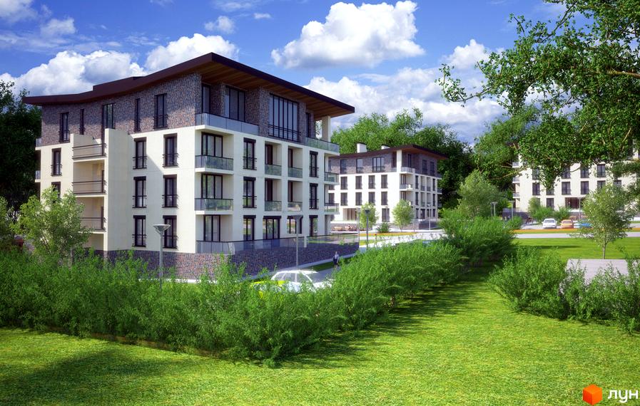 Резиденція Парк-Хаус: фасади будівель з цегляним оздобленням та скляними балконами на тлі зеленої прибудинкової території. Новобудова оточена деревами та кущами.