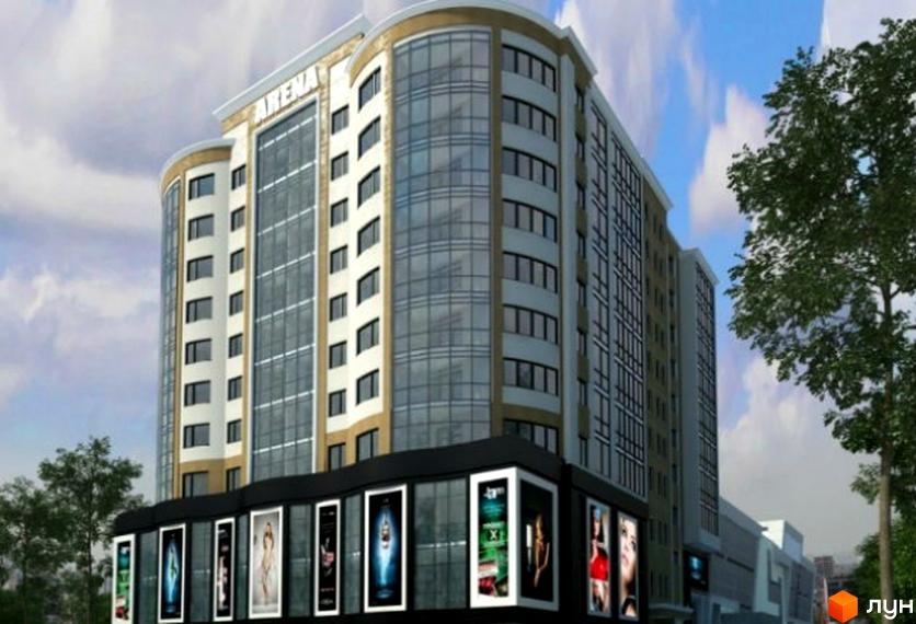 Зовнішній вигляд новобудови ЖК Арена з панорамними вікнами та рекламними вивісками на першому поверсі. Навколо будівлі видно дерева та хмарне небо.