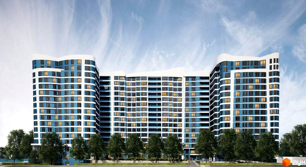 Новобудова Парус Park - це багатоповерховий будинок з хвилястим білим фасадом та блакитними стінами. Навколо будівлі ростуть зелені дерева.