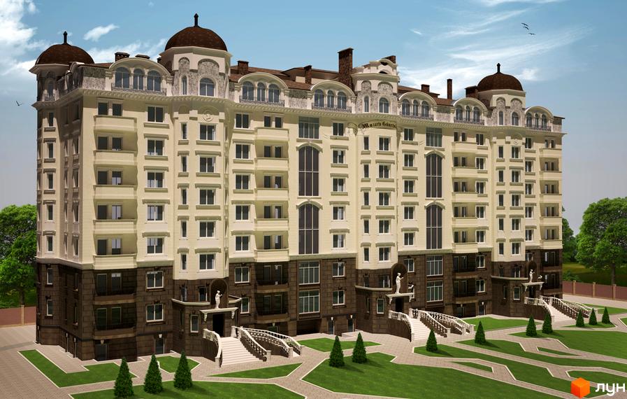 Житловий комплекс Premium Residence (Зелений Мис) - фасади будівель у класичному стилі з куполами та балконами. Доглянута прибудинкова територія з газонами та деревами.