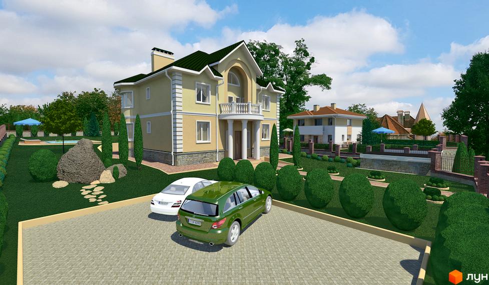 Котеджне містечко Ярий Смарагд: двоповерховий будинок світло-жовтого кольору з зеленим дахом, балкон з колонами. Прибудинкова територія з доглянутим газоном, кущами та парковкою.