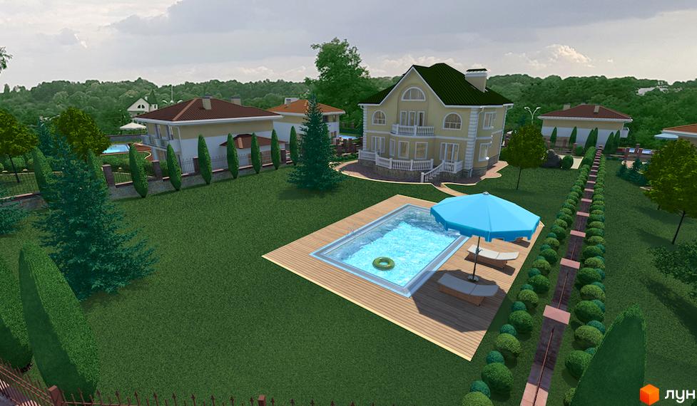 Котеджне містечко КМ Ярий Смарагд: двоповерхові будинки з балконами та терасами, басейн з лежаками та парасолькою на доглянутій зеленій ділянці з акуратними кущами та деревами.